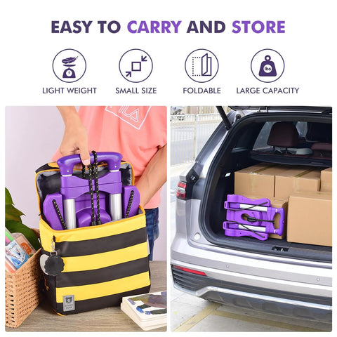 Purple folding hand truck with 4 wheels and elastic cords, inside yellow striped tote bag.
Purple folding hand truck stowed in car trunk beside cardboard boxes.