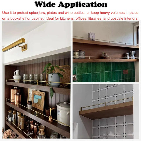 Built Tough Solid Brass Shelf Rail Kit With Spindles Adjustable Anti Fall Guard Fence For Cabinets And Display Shelving Rust Resistant Vintage Charm organized with jars and decor on wooden shelves.