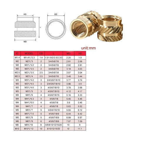Brass Heat Insert Nuts Kit M2 To M8 Set With Double Twill Knurled Threads, Includes M6x9mm 10pcs, Durable Quick Install Fasteners For 3D Printing, DIY Projects, Electronics Enclosures, And Hobby Builds. Brass threaded inserts with size chart