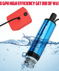 Zero Drama Cordless Submersible Water Pump Heavy Duty Silent Operation with red float switch, submerged in water.