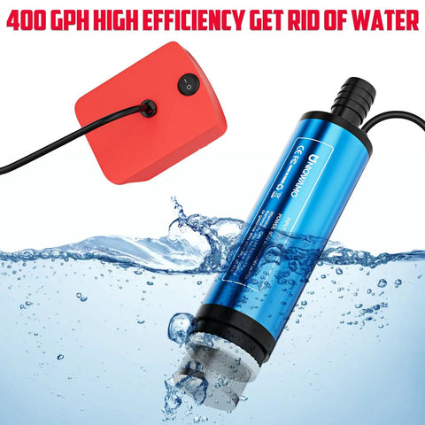 Zero Drama Cordless Submersible Water Pump Heavy Duty Silent Operation with red float switch, submerged in water.