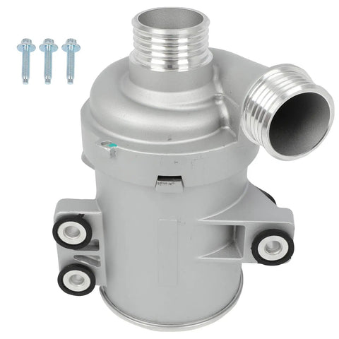 Factory Grade Electric Water Pump For Bmw 328i 2012 To 2016 Straight Dropin Swap with a silver finish and mounting bolts.