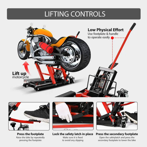Heavy Duty Hydraulic Motorcycle Lift Jack Up To 1500 Lbs Portable Steel ATV Lift Stand With Wheels And Handle Great For Motorcycles Dirt Bikes And ATVs Red lifting a motorcycle