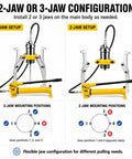 Heavy Duty 5 To 50 Ton Hydraulic Gear Puller With Separate Hand Pump And Long Hose For Tight Spots showcasing 2-jaw and 3-jaw configurations.