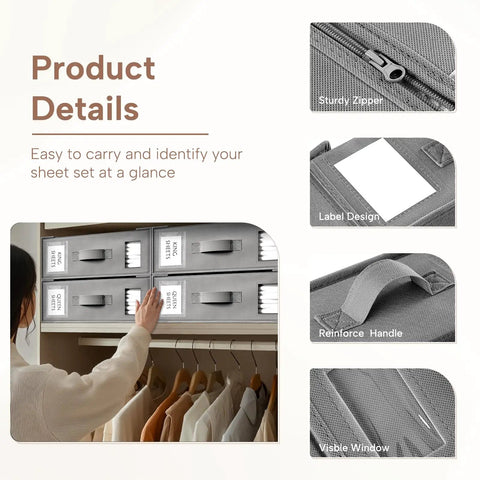 Six Pack Foldable Bed Sheet Organizer Boxes For Linen Closet Storage With Clear Window Label Slot for king and queen sheets