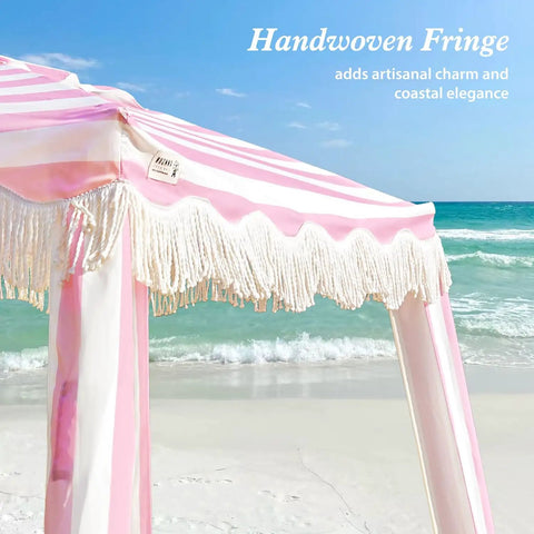Boho Beach Cabana With Fringe And Tassels, 7x7 Ft Easy Setup Canopy With Premium Wood Poles in Rose Stripes on Beach