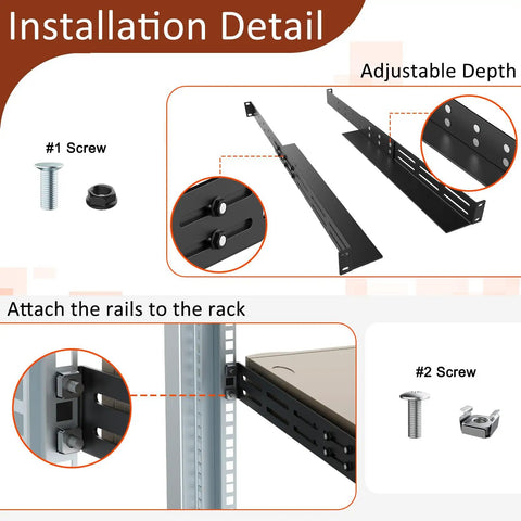 Installation details for 1U Universal Rack Mount Rails Four Post Server Telescoping Slides adjustable depth and screws.