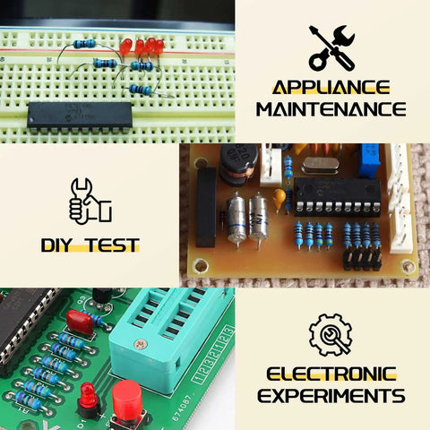 Resistor Assortment Kit With 500 Pieces And 50 Values for projects, showing DIY test and appliance maintenance setups