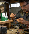 Man using soldering iron with Liquid Flux Soldering Paste 50ml for electronics DIY and PCB assembly in workshop