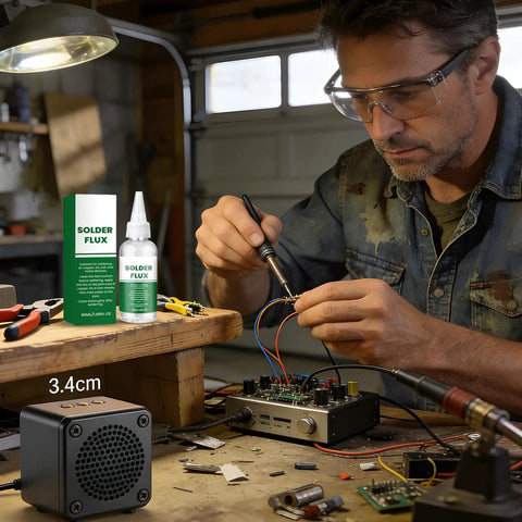 Man using soldering iron with Liquid Flux Soldering Paste 50ml for electronics DIY and PCB assembly in workshop