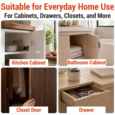 8 Pack Magnetic Cabinet Door Catch Set With Slim Stainless Steel Design Adhesive Mounting shown in use on cabinets and drawers