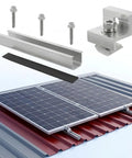 Six Rail Aluminum Solar Panel Mounting Kit No Brainer with end clamps, mid clamps, washers, screws on metal roof