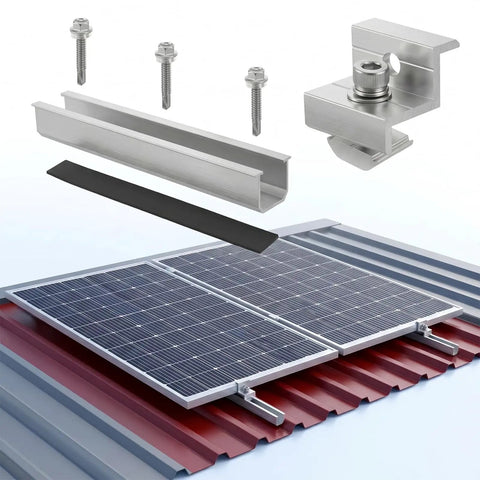 Six Rail Aluminum Solar Panel Mounting Kit No Brainer with end clamps, mid clamps, washers, screws on metal roof