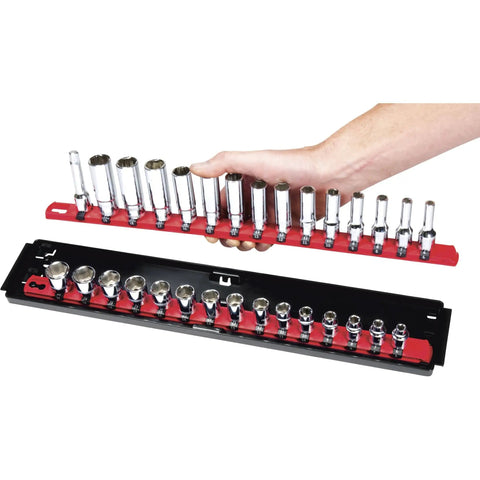 18-Inch Socket Boss 2 Rail 1/2-Inch Drive Socket Organizer With Twist Lock Secure Hold for Toolbox Drawers, Red Finish