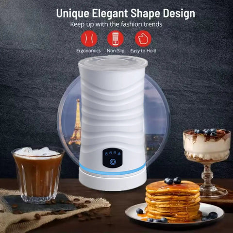 White 4 In 1 Milk Frother And Steamer With Temperature Control And Auto Shut Off For Hot Or Cold Foam next to coffee and pancakes.