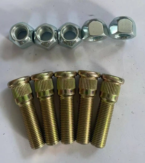 Five Pack 1/2-20 x 2 in Press-In Wheel Studs With Lug Nuts, Knurled For Dexter Trailer Hub 3500-7000 Lb, Replacement parts displayed