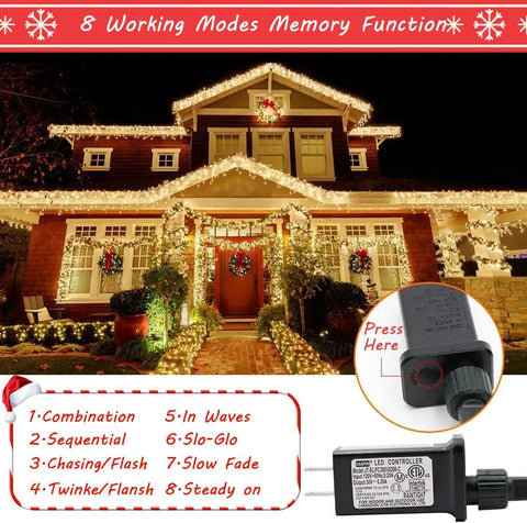 Outdoor Christmas Lights 105Ft 300 LED String Lights With 8 Modes End-To-End Plug UL Listed Waterproof Fairy Lights For Xmas Tree Garden Patio Or Party Cozy Warm White Glow Thats Lit illuminating a house exterior