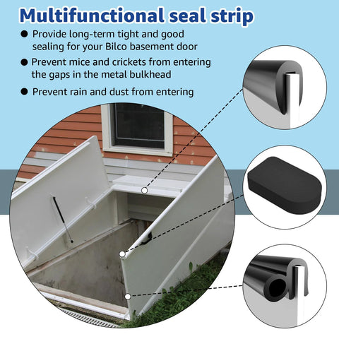 Amazon Bilco basement door seal kit: six-piece set with U-shaped gasket, bulb trim gasket, and four black cap seal pads.