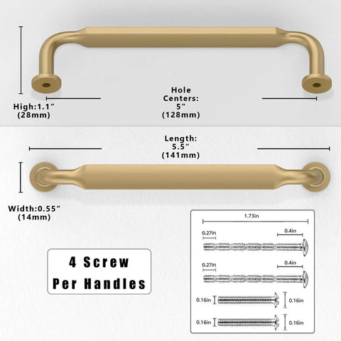 Diagram showing Champagne Bronze Cabinet Pulls Set Of 10, 5 Inch 128mm Solid Zinc Alloy Kitchen Cabinet Handles dimensions and screws.
