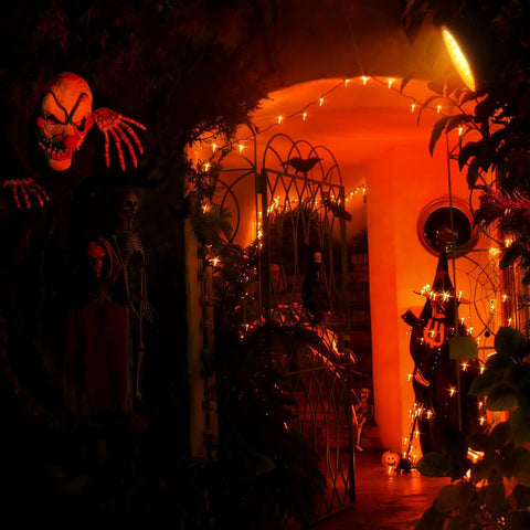 Outdoor Halloween display lit by RGBW LED Wall Washer Light With RF Remote 72W 5000K Dimmable Lit Color Changing Spotlight