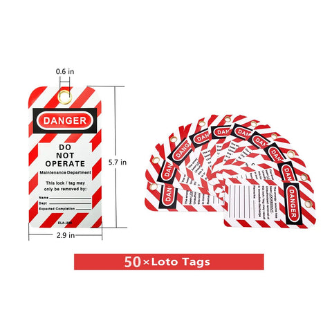 50 Loto tags for 50 Keyed Differing Lockout Tagout Locks With 50 Unique Keys And 50 Tags For Compliance, red with danger warning