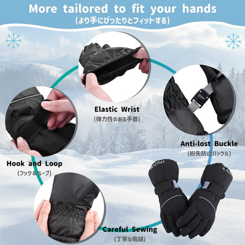 Kids Ski Gloves Cool Warm Winter Thermal Fleece Snow Gear with elastic wrist and anti-lost buckle, Black Size L Ages 12-14