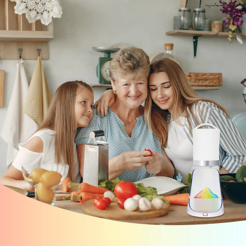 Glowing Electric Snow Cone Maker For Home Use Quick Ice Crusher With 2 Easy Clean Molds on countertop with family preparing fresh ingredients.
