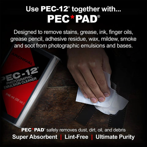 Front view of PEC-12 photographic emulsion cleaner kit with PEC-PAD lint-free wipes and 59ml dropper bottle