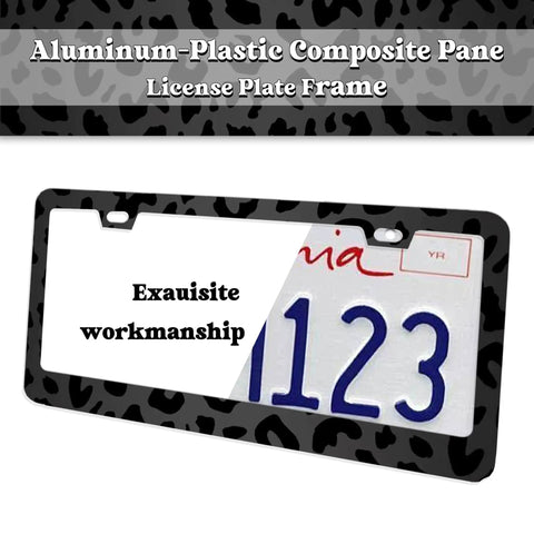 Printed Aluminum Alloy License Plate Frames Set With Valve Caps 2 Pack Sturdy Rustproof Front And Rear Car Frames With Cool Black Leopard Print Screws Included For Quick Install Unisex Auto Accessory featuring an aluminum-plastic composite pane with black leopard print design showing exemplary craftsmanship.