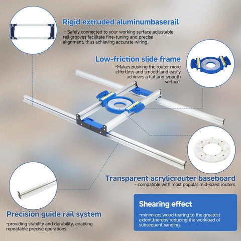 Diagram of Router Sled For Flattening Slabs And Live Edge Boards Adjustable Aluminum Slab Flattening Jig 50 Inches with labeled parts.