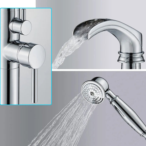 Freestanding Bathtub Faucet With Hand Shower Set Floor Mounted Waterfall Tub Filler Single Handle Chrome Polished Bath Fixtures