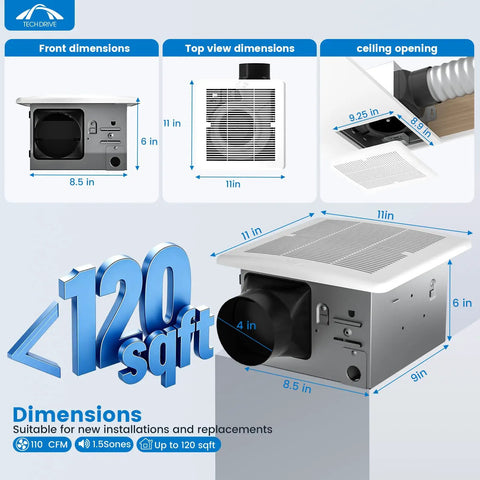 Dimensions guide for Quiet 110 CFM Ceiling Bathroom Exhaust Fan With One Point Five Sones Noise Level No Attic Access Needed