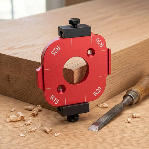 Slick 4 In 1 Wood Router Corner Radius Jig Template Set For Effortless Arc Positioning showing R15 to R25 radius plate on wood.