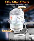 Pro-Grade Vacuum Pump Exhaust Oil Mist Filter KF25 Demister with glass fiber, quick release housing on a vacuum pump.