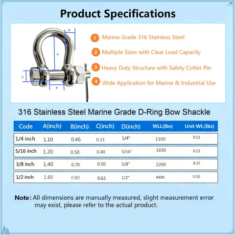 Product specifications for Heavy Duty Marine Grade Bow Shackles Built Tough From 316 Stainless Steel For Real Saltwater Resistance And Hard Core Boat Rigging Gear 3/8 Inch 2 Pack.