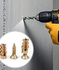 Close-up of drill and 6x14mm Short Expansion Hinge Repair Screws Kit for Cabinet Door Hinges, Stripped Thread Repair for Wood and Particle Board, 100 Pack.