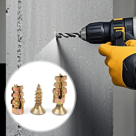 Close-up of drill and 6x14mm Short Expansion Hinge Repair Screws Kit for Cabinet Door Hinges, Stripped Thread Repair for Wood and Particle Board, 100 Pack.