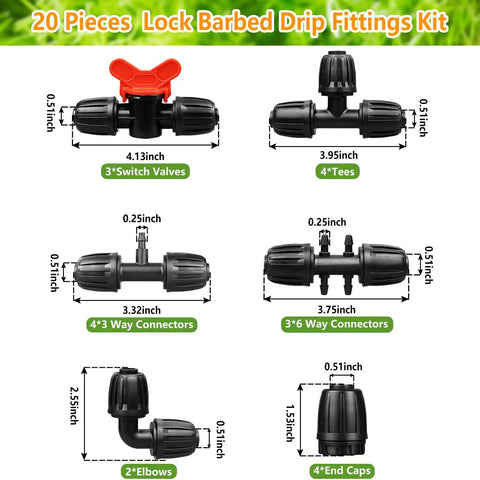1/2 Inch Drip Irrigation Fittings Kit, 20 Piece DIY Set with valves, tees, elbows, and connectors, easy install drip tubing
