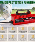 Heavy Duty 43.8V 18A LiFePO4 Battery Charger IP65 Waterproof shown with 8 protection functions highlighted.