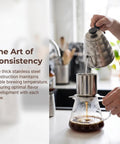 Rock Solid Stainless Steel Pour Over Coffee Dripper With Fine Mesh Metal Filter brewing coffee with kettle and glass carafe.