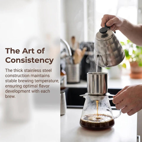 Rock Solid Stainless Steel Pour Over Coffee Dripper With Fine Mesh Metal Filter brewing coffee with kettle and glass carafe.