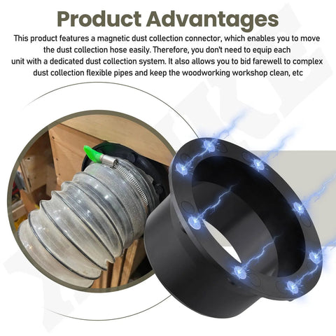 4-inch magnetic dust-collection connector with flex cuff, black ring showing magnets, attached to a shop-vac hose.