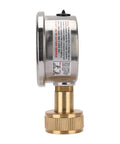 Side view of Glycerine Filled 2 Inch Stainless Steel Water Pressure Test Gauge with Big Dial Readout 0 to 200 PSI and KPa