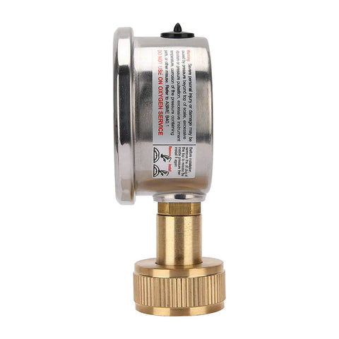 Side view of Glycerine Filled 2 Inch Stainless Steel Water Pressure Test Gauge with Big Dial Readout 0 to 200 PSI and KPa