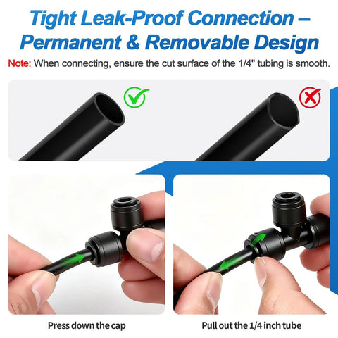 Installation steps of 35 Pack 1/4 Inch Drip Irrigation Tee Fittings Quick Connect Push-To-Fit T Connectors for 1/4 tubing.