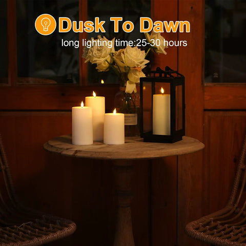 Solar Candles Outdoor Waterproof Flameless Pillar LED Lights Set Of 3 Dusk Till Dawn Auto On Off on a table with lantern