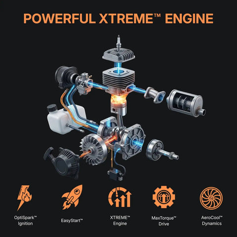 Diagram of powerful Xtreme engine components for gas trimmers, including OptiSpark ignition and AeroCool dynamics features.