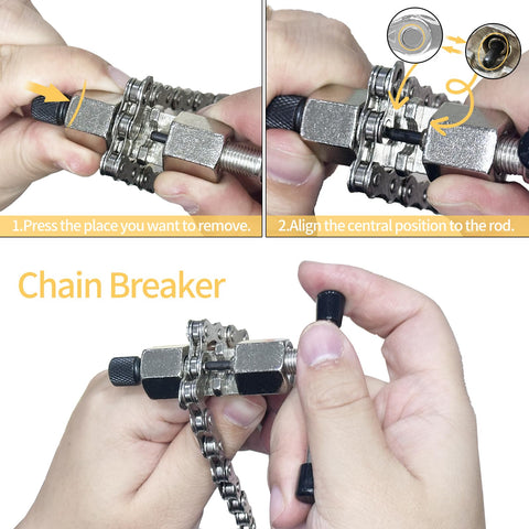 Using chain breaker tool from Six Seven Eight Speed Bike Chain Kit With 116 Links, Chain Breaker, Link Pliers And Hook