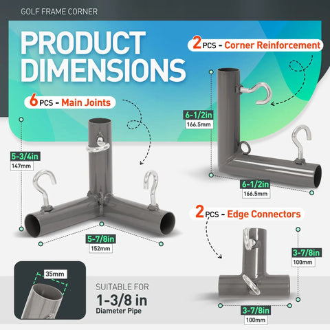1-3/8 Inch Corner Kit For Golf Practice Cage Frames, 10 Piece Powder Coated Triple Corner Bracket Set With Threaded Eye Bolts, Right Angle And Dual Connection Brackets, Canopy Fittings For Backyard Indoor Outdoor Nets, Gray