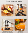 Heavy Duty Cast Iron Manual Citrus Juicer Press shown in four steps for effortless juice extraction from oranges.